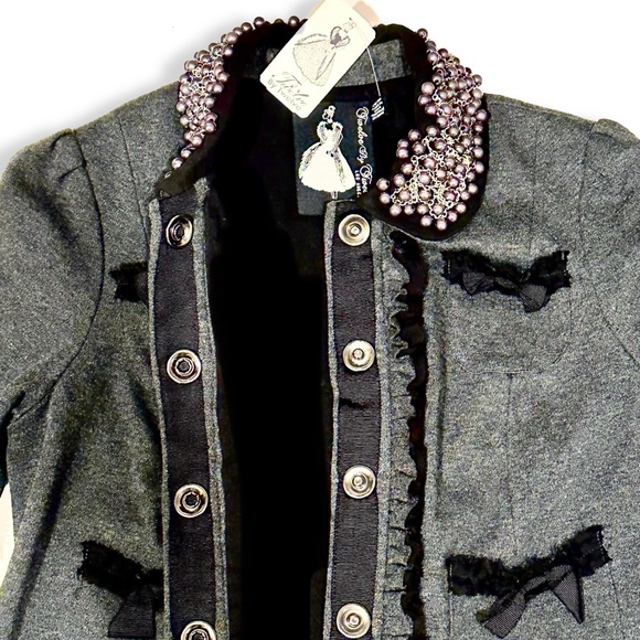 ANTHROPOLOGIE Twelve by Twelve Gray Pearl Embellished Jacket w Bows | NWT Small - Picture 6 of 9